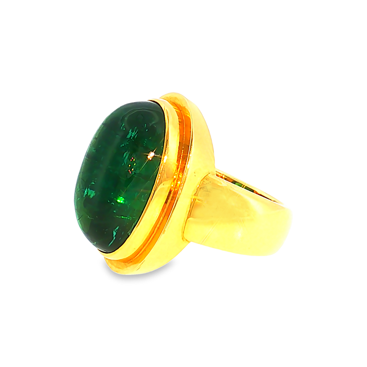 Gelbgold Solitärring mit grünem Turmalin-Cabochon