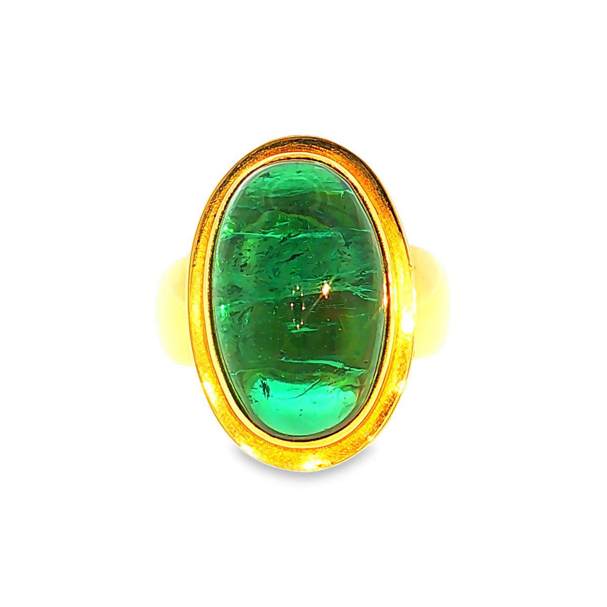 Gelbgold Solitärring mit grünem Turmalin-Cabochon