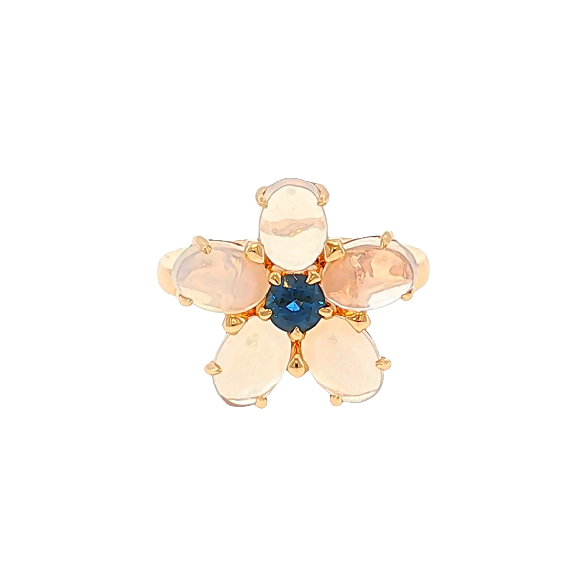 Floral Cocktailring mit Mondsteinen und Saphir in Roségold