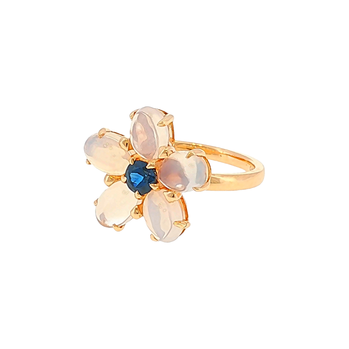 Floral Cocktailring mit Mondsteinen und Saphir in Roségold