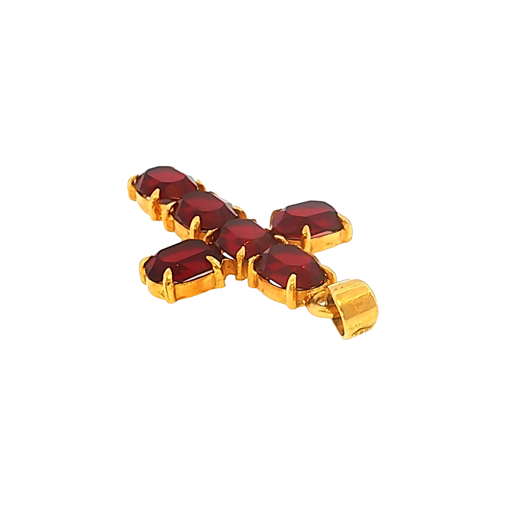 Kreuz-Anhänger mit Rhodolithen in Gelbgold