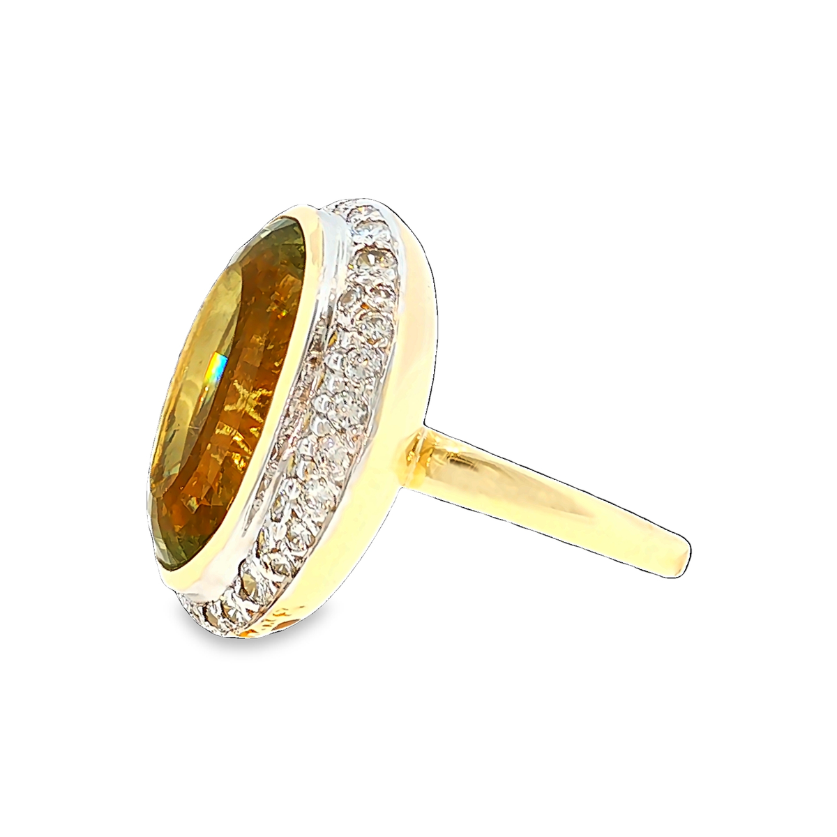 Gold-Beryll Ring mit Diamant-Halo in Weiß- und Gelbgold