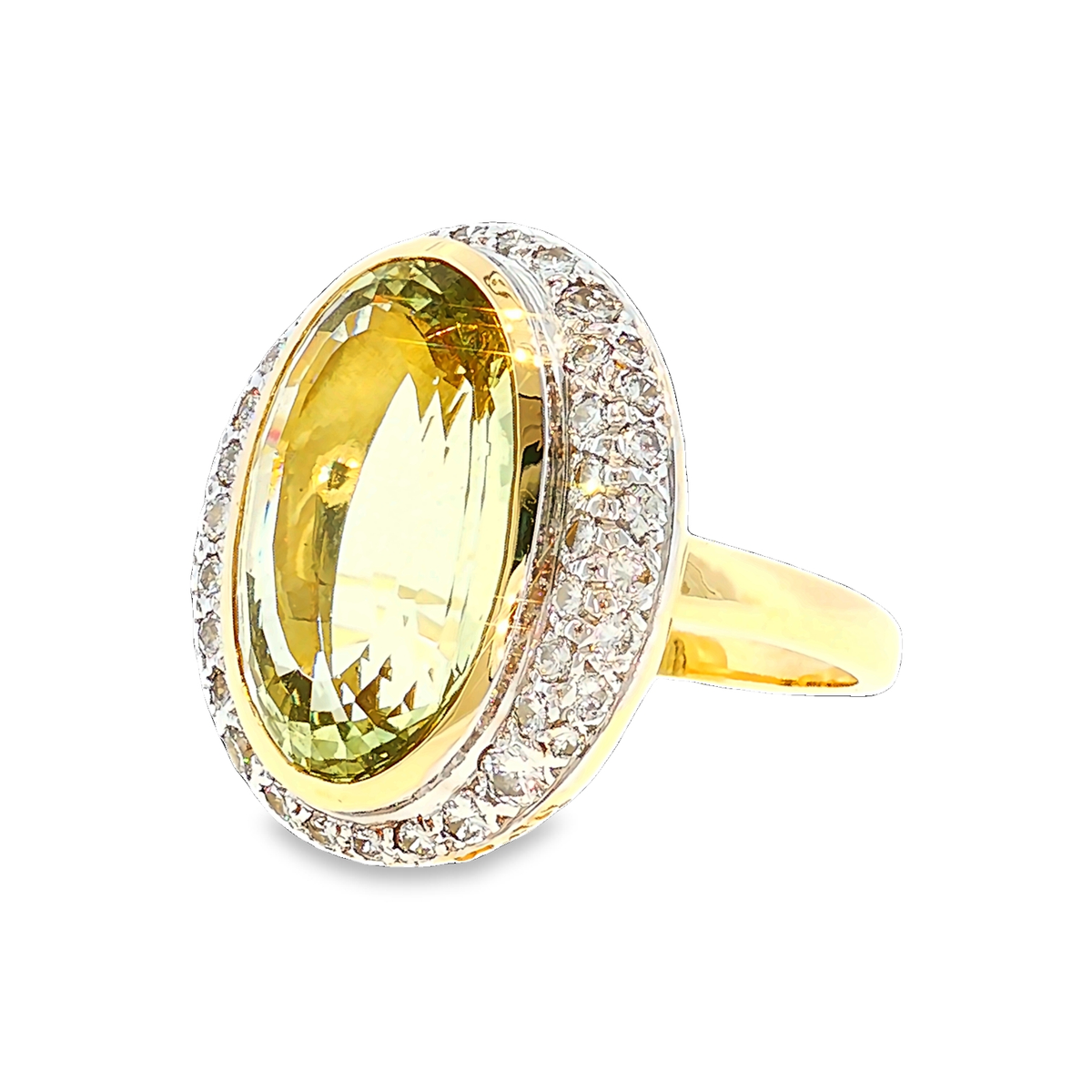 Gold-Beryll Ring mit Diamant-Halo in Weiß- und Gelbgold