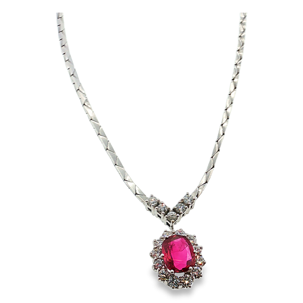 14k Weißgold Collier mit Rubin und Diamant-Halo