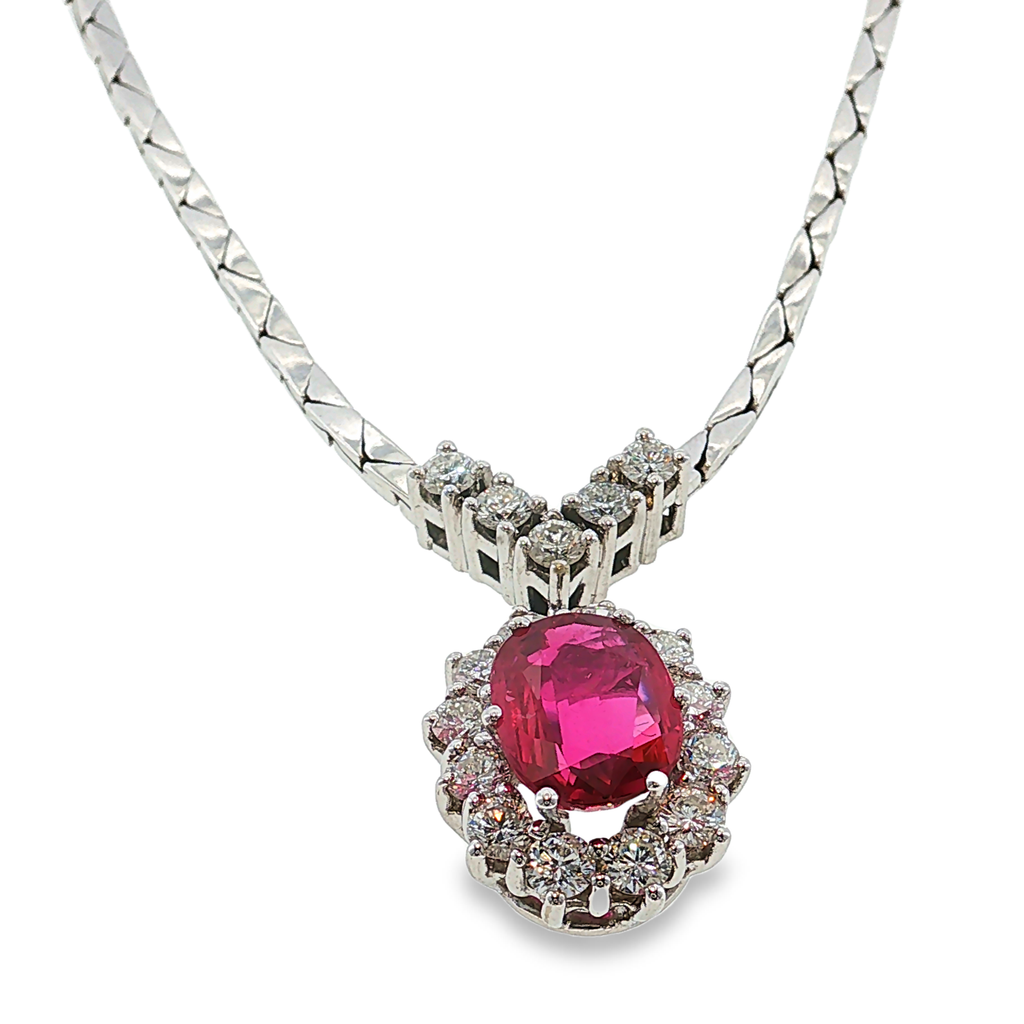 14k Weißgold Collier mit Rubin und Diamant-Halo
