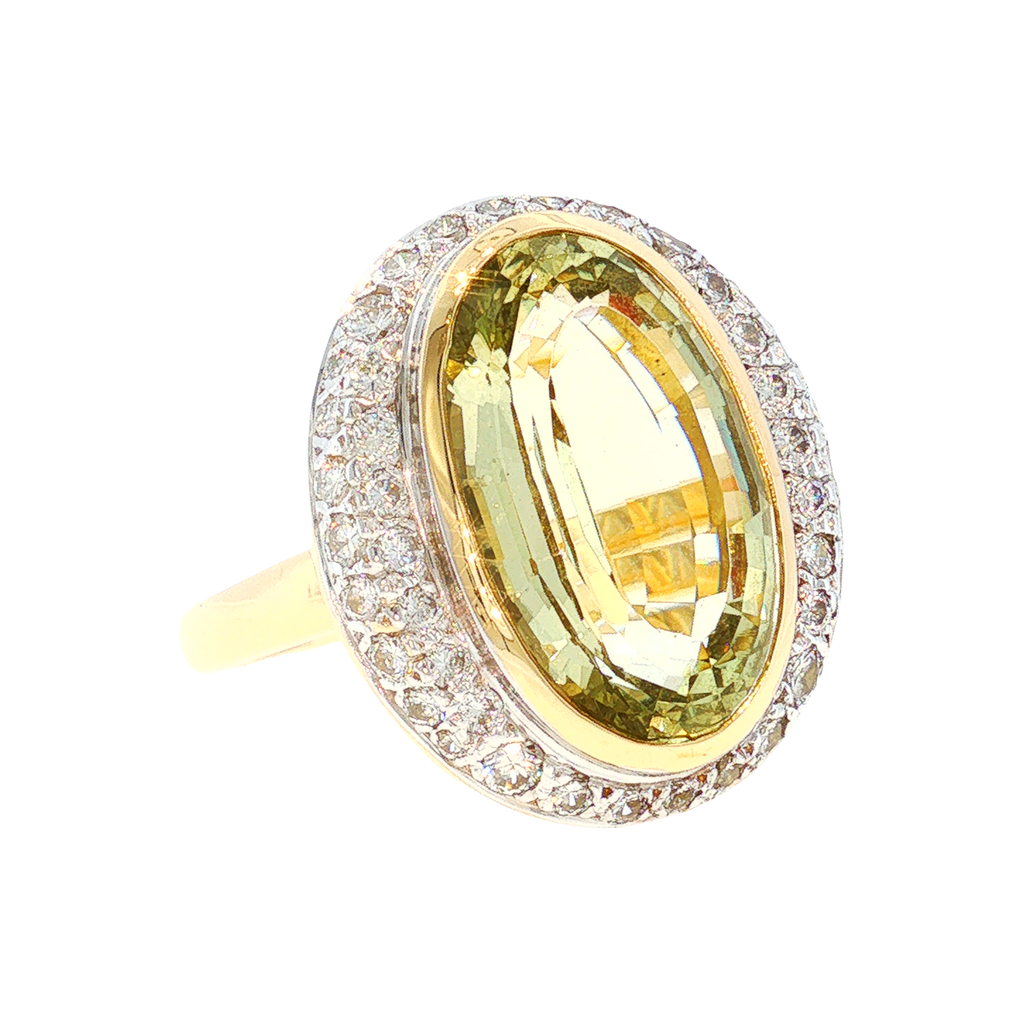Gold-Beryll Ring mit Diamant-Halo in Weiß- und Gelbgold