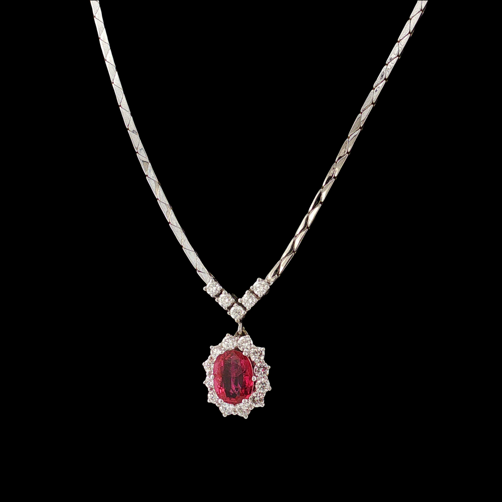 14k Weißgold Collier mit Rubin und Diamant-Halo