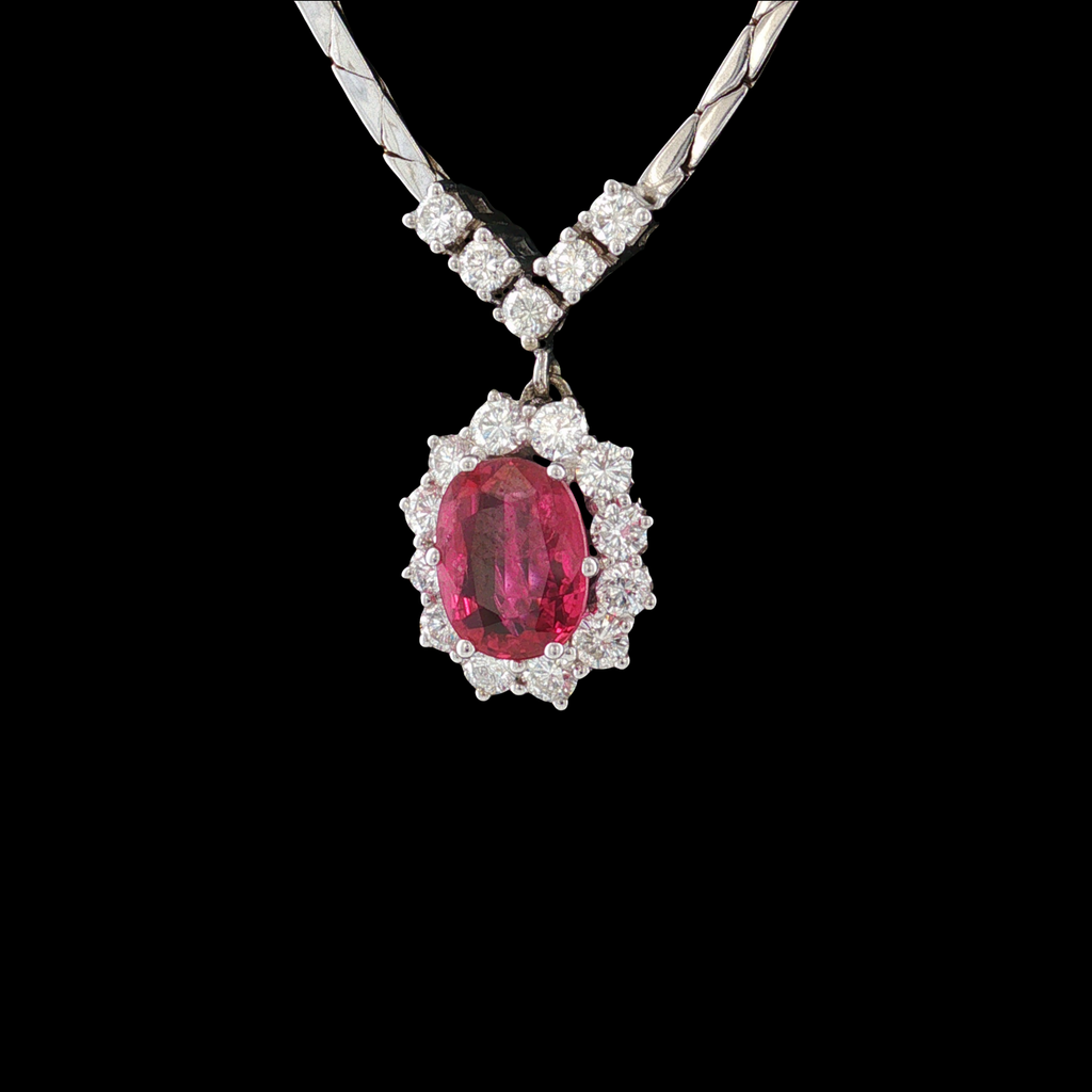 14k Weißgold Collier mit Rubin und Diamant-Halo