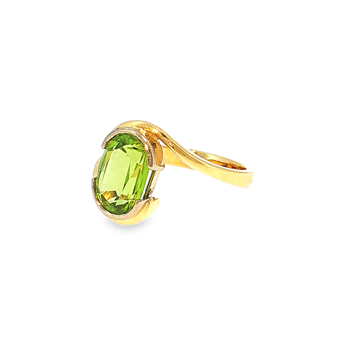 18kt Gelbgold Solitärring mit ca. 4ct Peridot im Bypass-Design