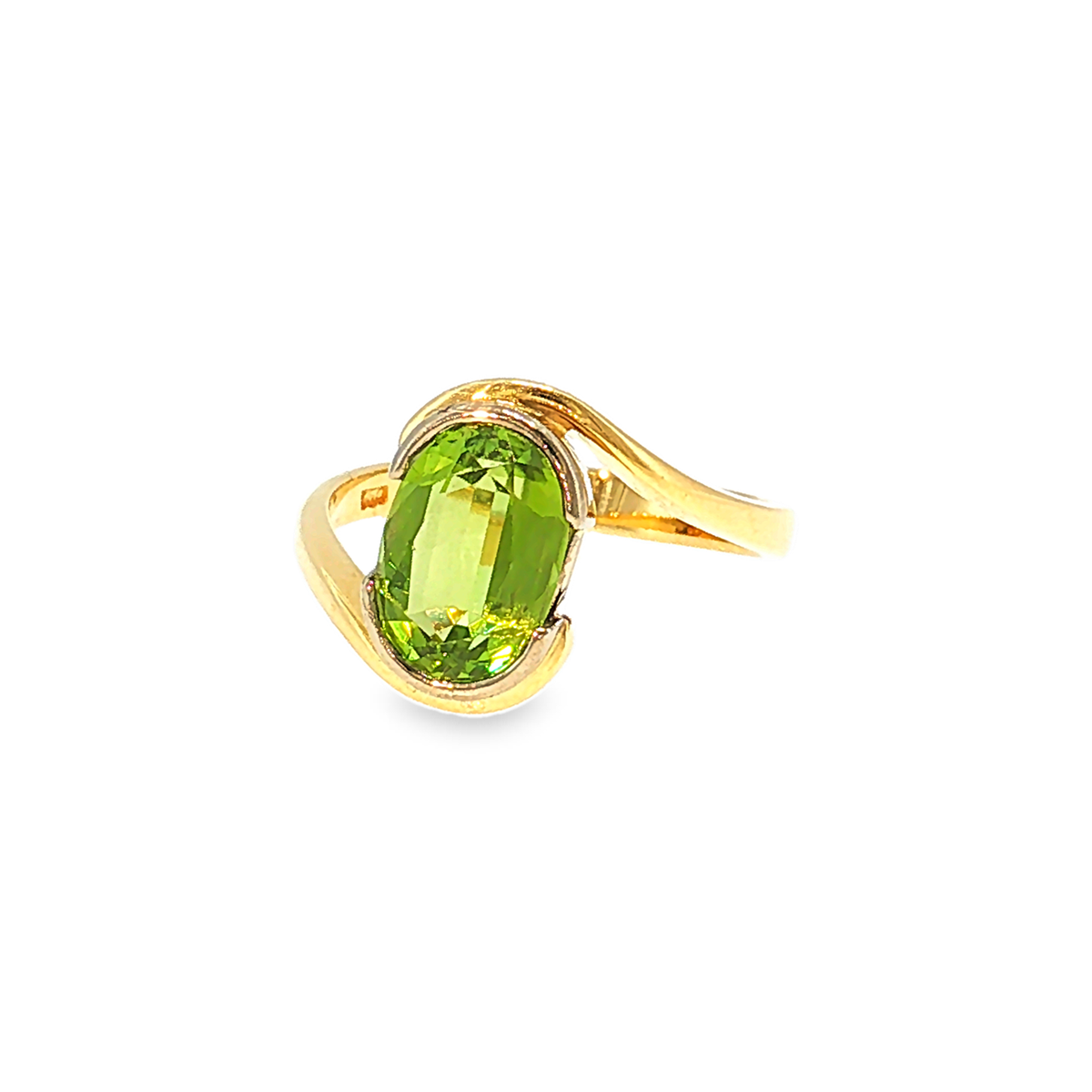 18kt Gelbgold Solitärring mit ca. 4ct Peridot im Bypass-Design