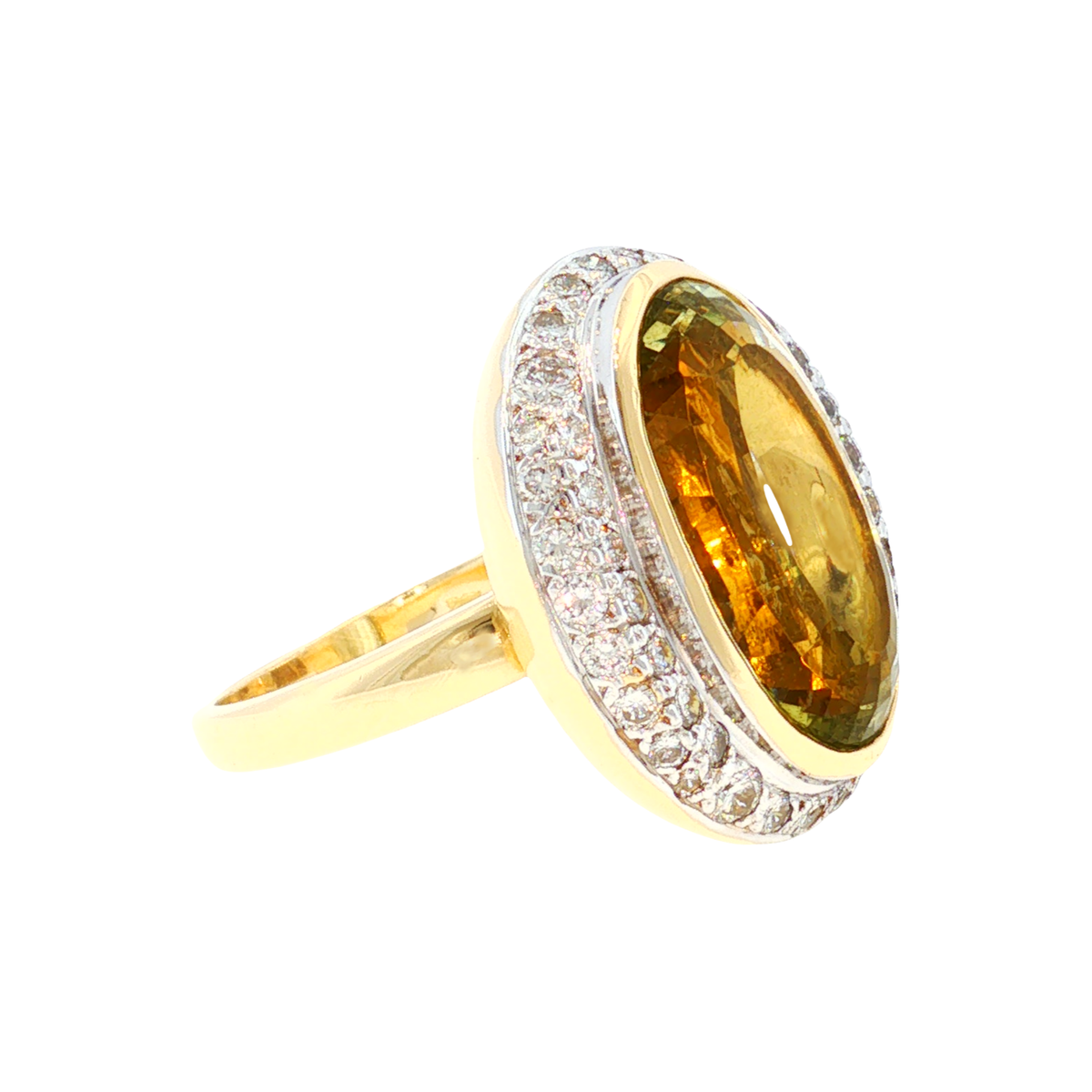 Gold-Beryll Ring mit Diamant-Halo in Weiß- und Gelbgold